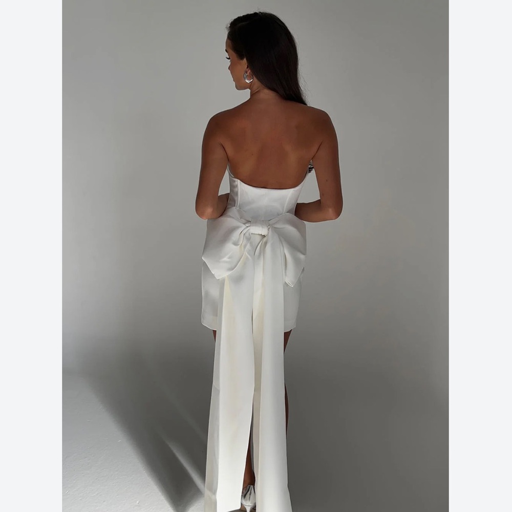 Meshki Strapless White Mini Dress with Dramatic Bow